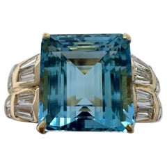 5.53 Carat Fine Blue Emerald Cut Aquamarine & Baguette Diamond 18k Gold Ring