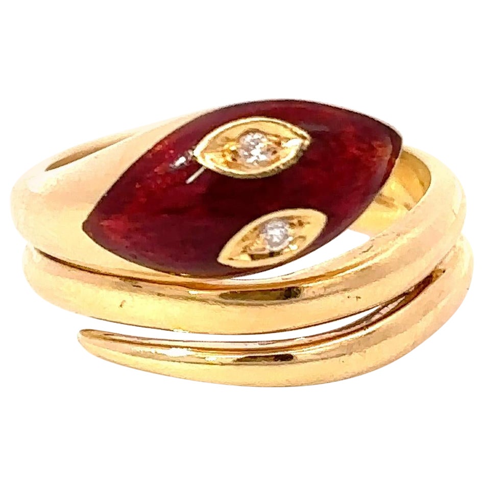 Vintage 1970er Jahre 18KT Gelbgold Rote Emaille und Diamant Schlangen-Wickelring im Angebot