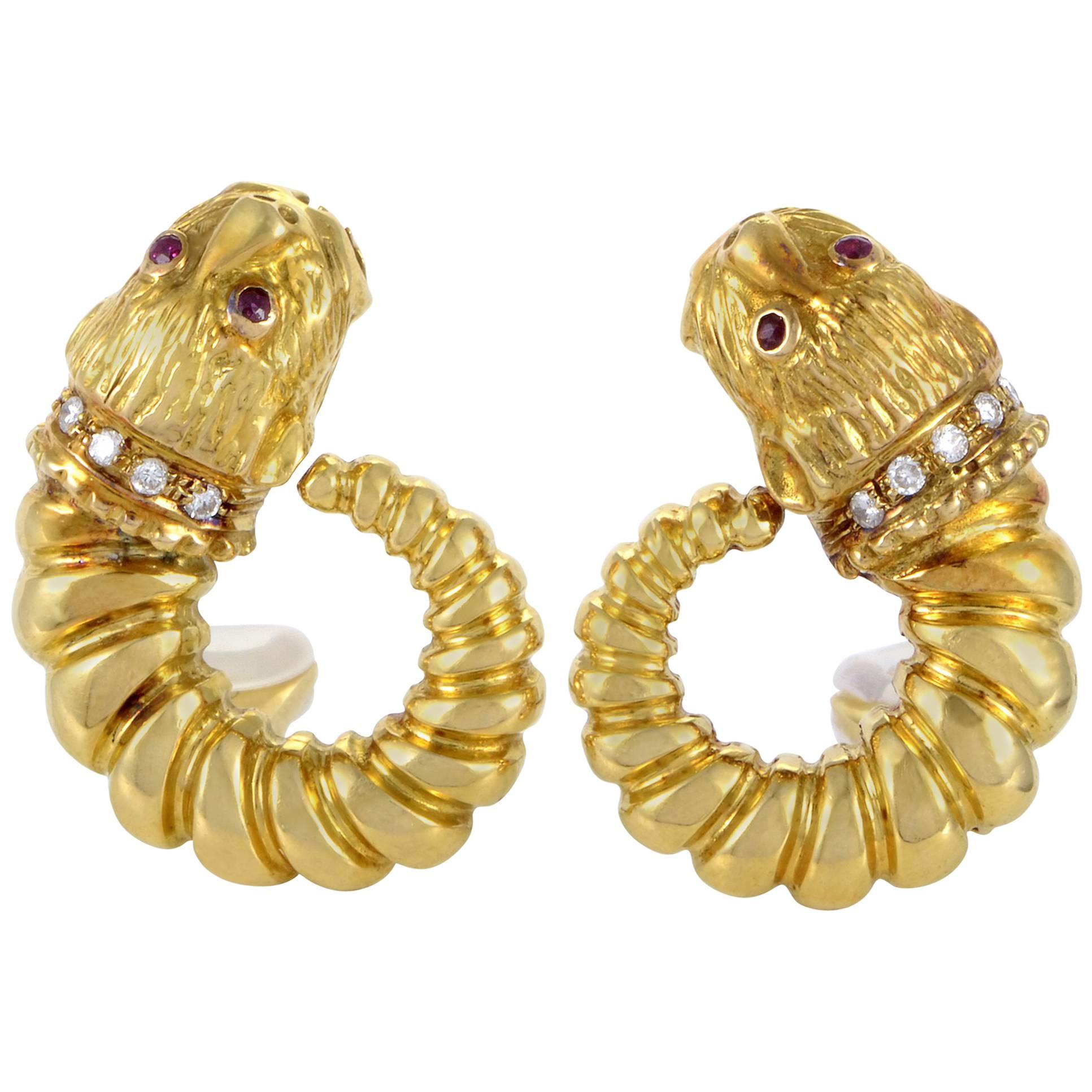 Ilias Lalaounis Diamond and Ruby Gold Lion Clip on Earrings