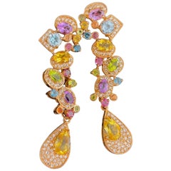 Bochic Cascading “Capri” Multi Natural Gem Earrings Set in 22k Gold & Silver