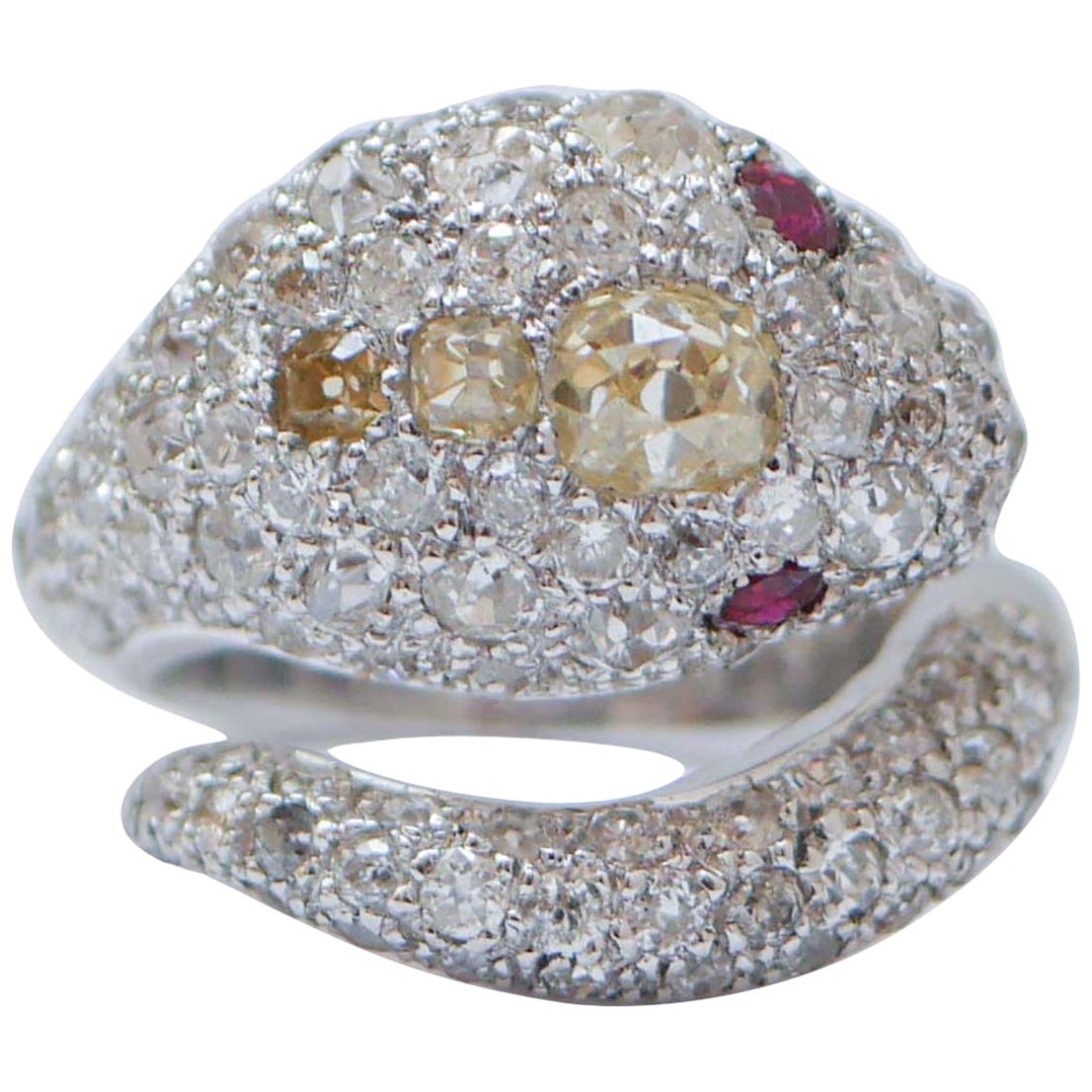 Rubies, Diamonds, Old-Cut Diamonds 18 Karat White Gold Snake Ring.