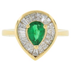 14k Gold 1.1ct Pear Prong Emerald & Channel Baguette Diamond Halo Ballerina Ring