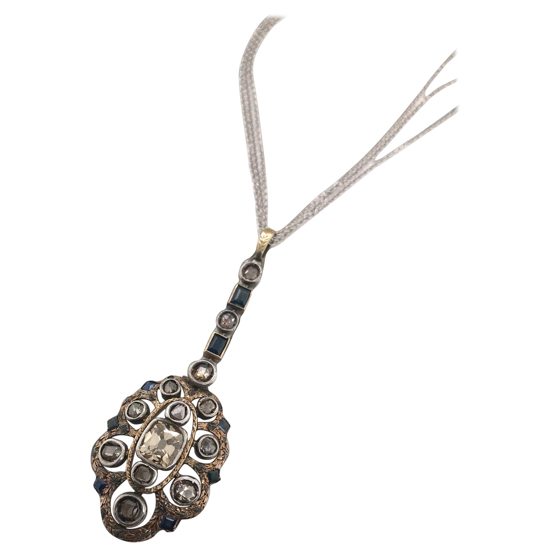 Georgian Era Old Mine Cut Brown Diamond & Sapphire Necklace For Sale