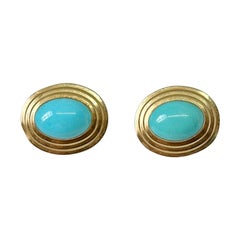 Persian Turquoise Yellow Gold Earrings 14 Karat Gold Antique Retro 1.1 Inches