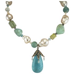 Vintage Diamond Baroque Pearl Aquamarine Necklace 14K Gold