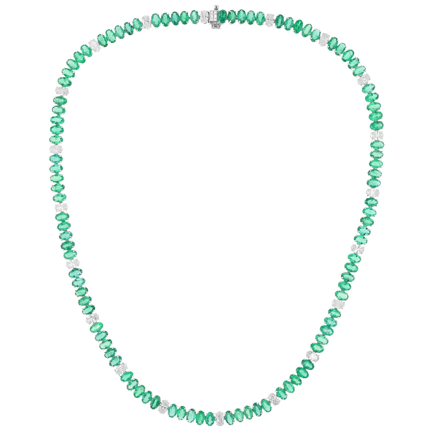 Oval Zambian Emerald Gemstone Necklace Diamond 10 Karat White Gold Fine Jewelry