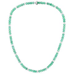 Oval Zambian Emerald Gemstone Necklace Diamond 10 Karat White Gold Fine Jewelry