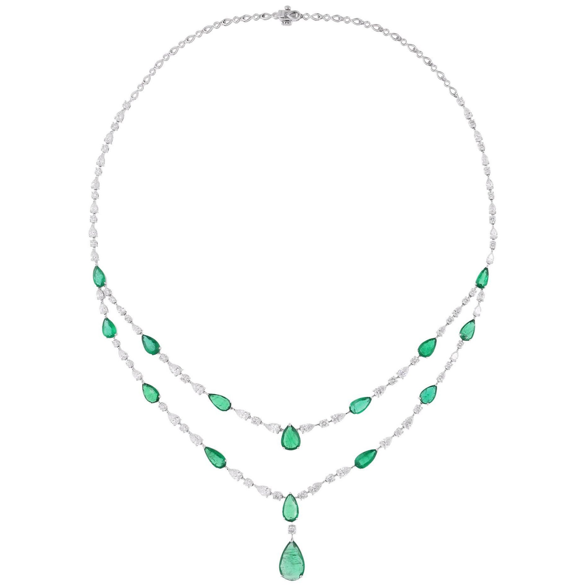 Zambian Emerald Necklace SI/H Brilliant Cut Diamond 10 Karat White Gold Jewelry For Sale