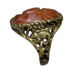 Bague chinoise ancienne fleur en cornaline argentée Rare année du rat