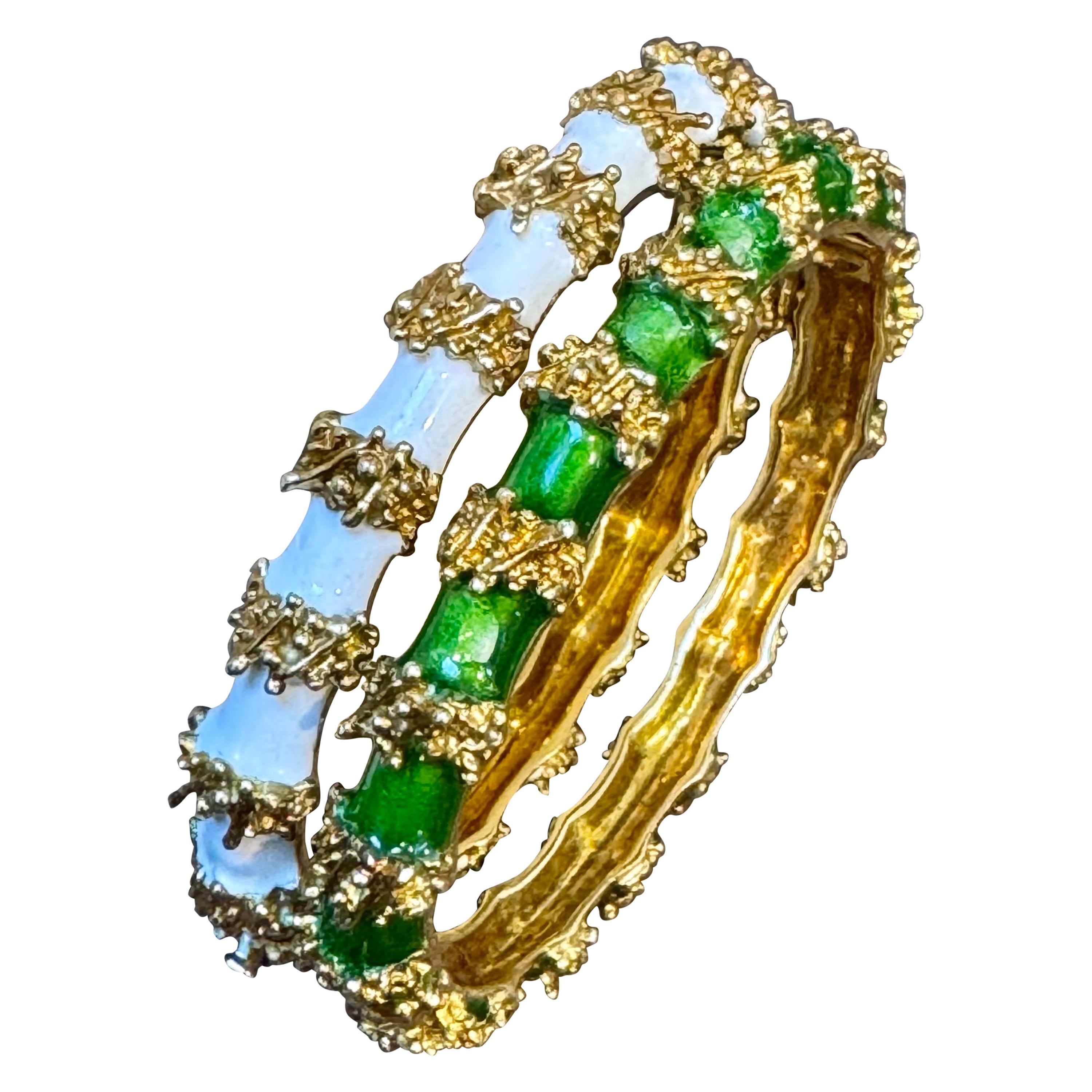 Emaille-Armreif / Armband Paar ein Weißer und ein Grüner in 18 Karat Gelbgold 75 g