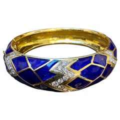 Blue Enamel & Diamond Bangle / Bracelet in 18 Karat Yellow Gold 80 Grams
