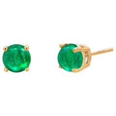 14 Karat Yellow Gold Matched Pair of Round Cabochon Emerald 0.21 Inch Earrings