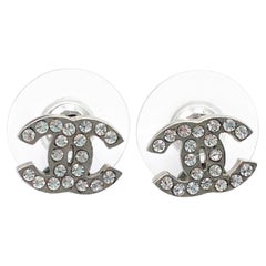Chanel Classic Silver CC Crystal Small Piercing Earrings