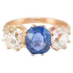 Antique 14K Yellow Gold Oval Burma Sapphire Three Stone Diamond Cocktail Ring
