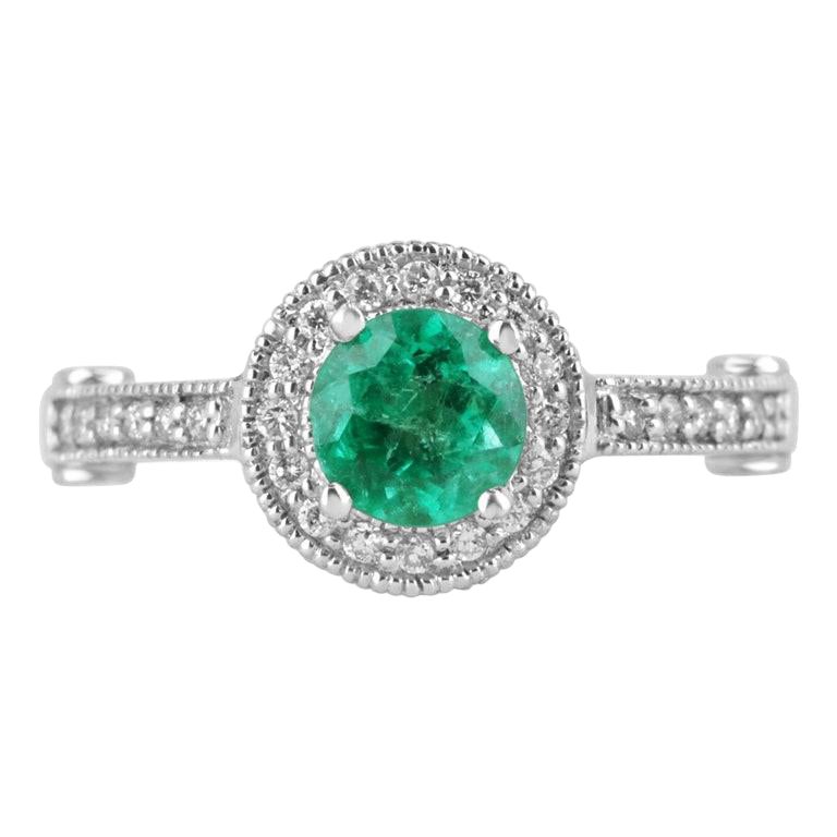 1.45tcw Genuine Colombian Emerald & Diamond Halo Engagement Ring - 14K