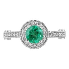 1.45tcw Genuine Colombian Emerald & Diamond Halo Engagement Ring - 14K