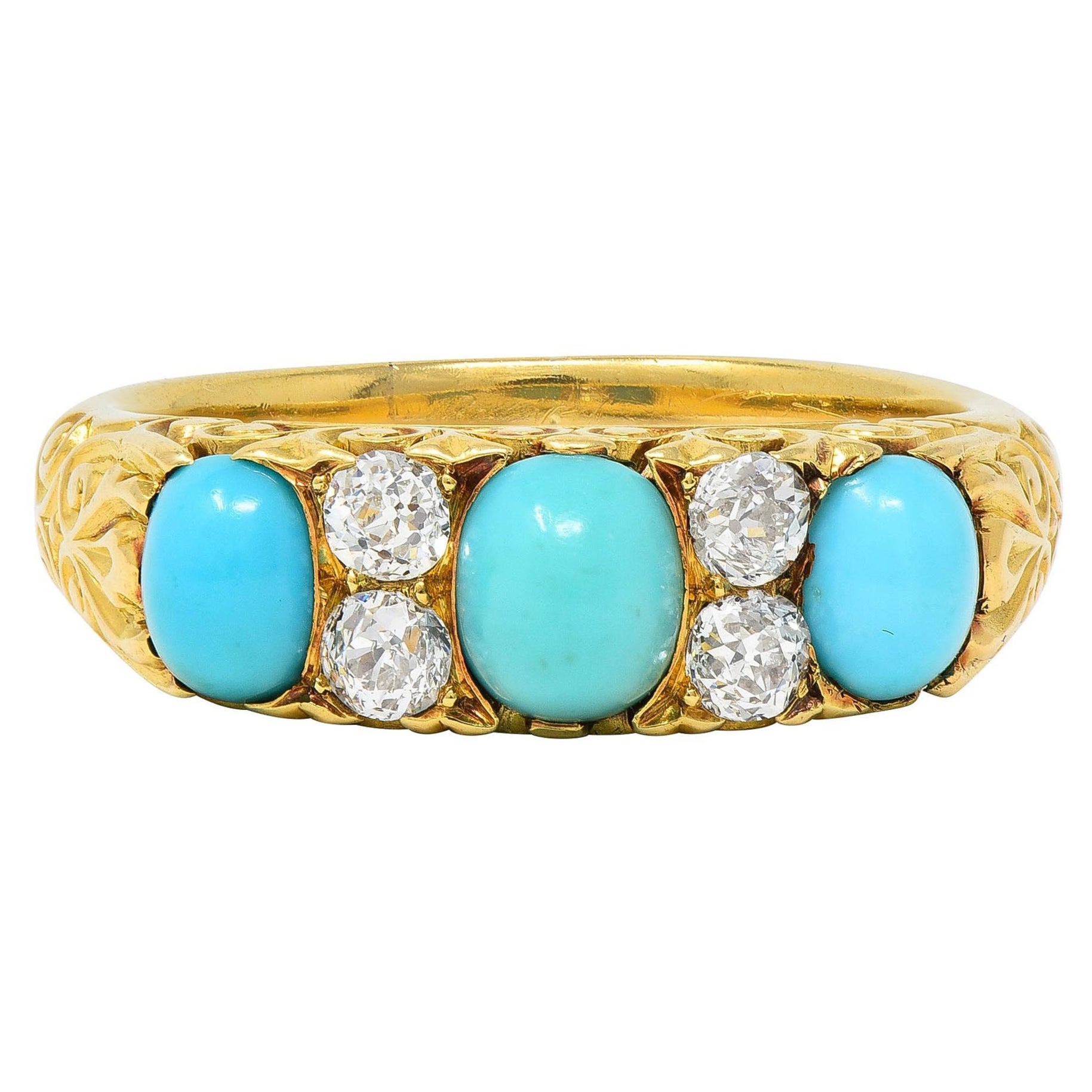 Victorian Diamond Turquoise 18 Karat Yellow Gold Scrolling Antique Band Ring