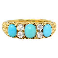 Victorian Diamond Turquoise 18 Karat Yellow Gold Scrolling Antique Band Ring