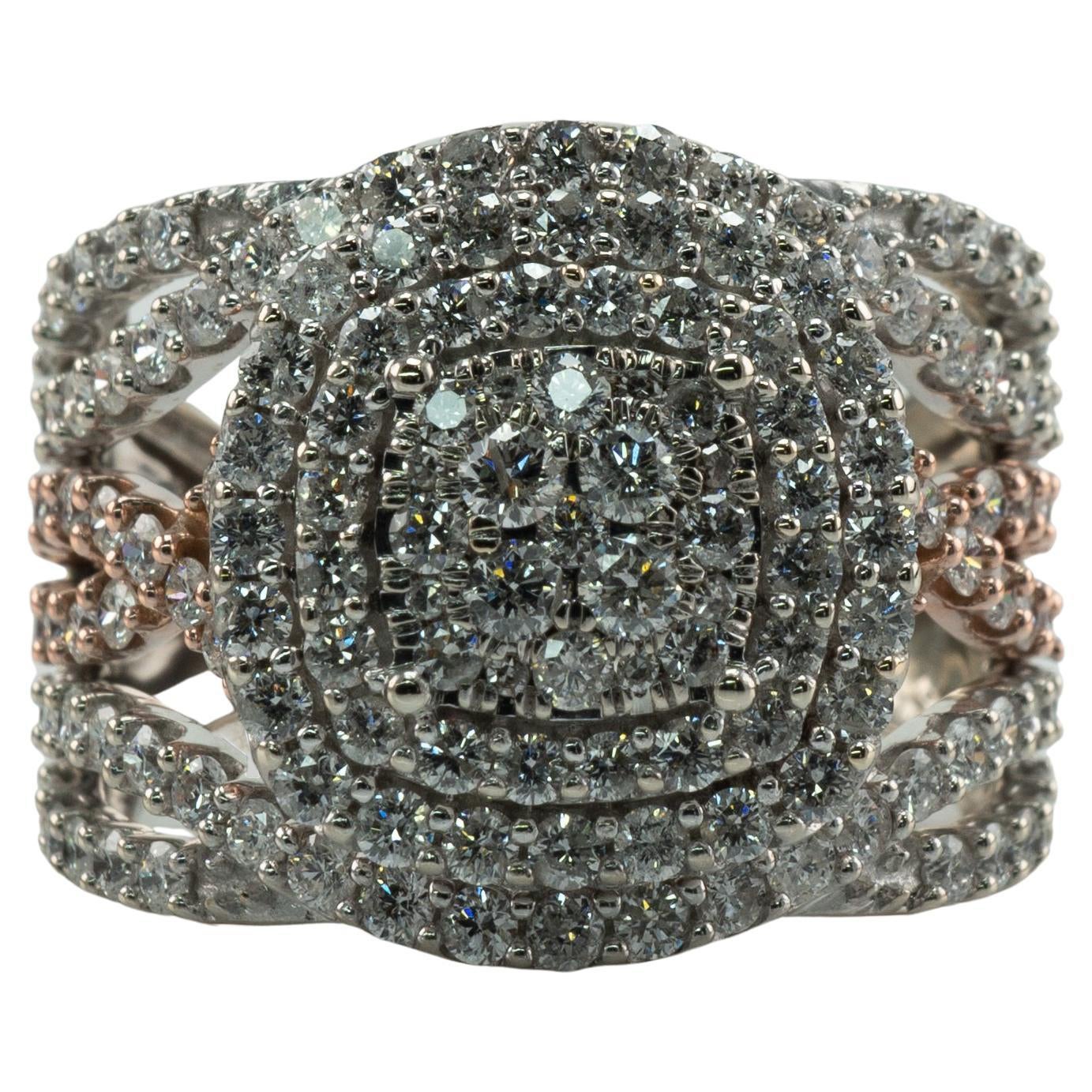 Anillo de diamantes de oro blanco y rosa de 14 quilates Cóctel de racimo de 2,60 TDW