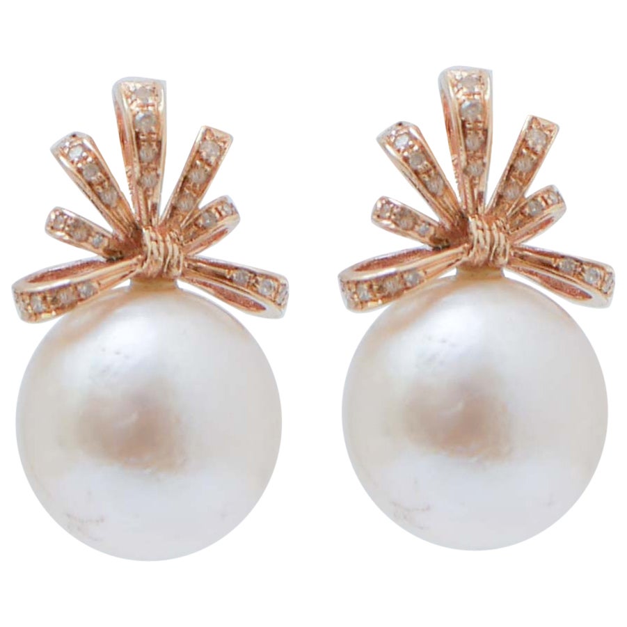 White Pearls, Diamonds, 14 Karat Rose Gold Earrings.