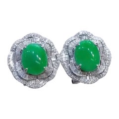 AIG Certified 8.00 Cts Natural Jade  2.40 Cts Diamonds 18kGold Earrings