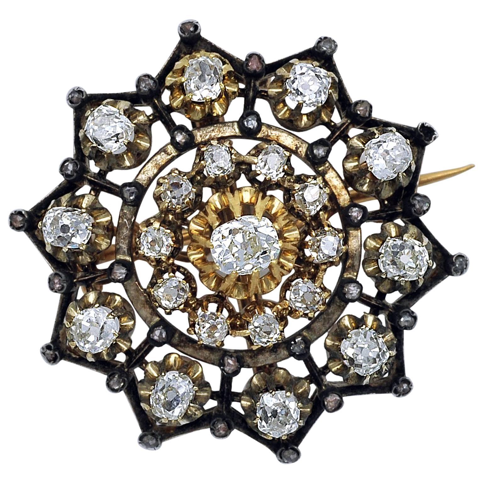 Antique Victorian Diamond Gold and Siver Brooch For Sale