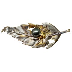 Vintage Madeleine Albright's Spider Leaf Pin Pendant Diamond Black Pearl 14 Karat Gold