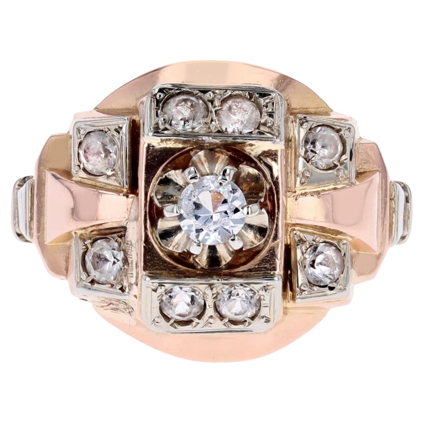 French 1950s Colorness Stone 18 Karat Rose Gold Tank Ring For Sale