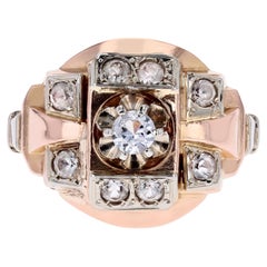 Anello francese degli anni '50 con pietra colorata in oro rosa 18 carati