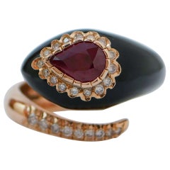 Onyx, Ruby, Diamonds, 14 Karat Rose Gold Snake Ring.