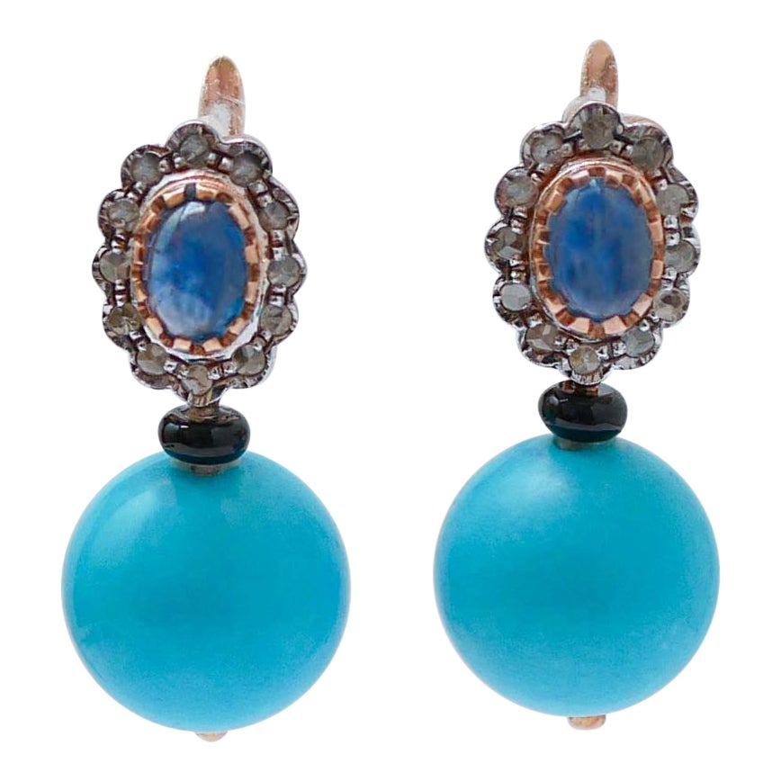 Magnesite, Sapphires, Diamonds, Rose Gold and Silver Earrings.
