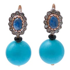 Magnesite, Sapphires, Diamonds, Rose Gold and Silver Earrings.