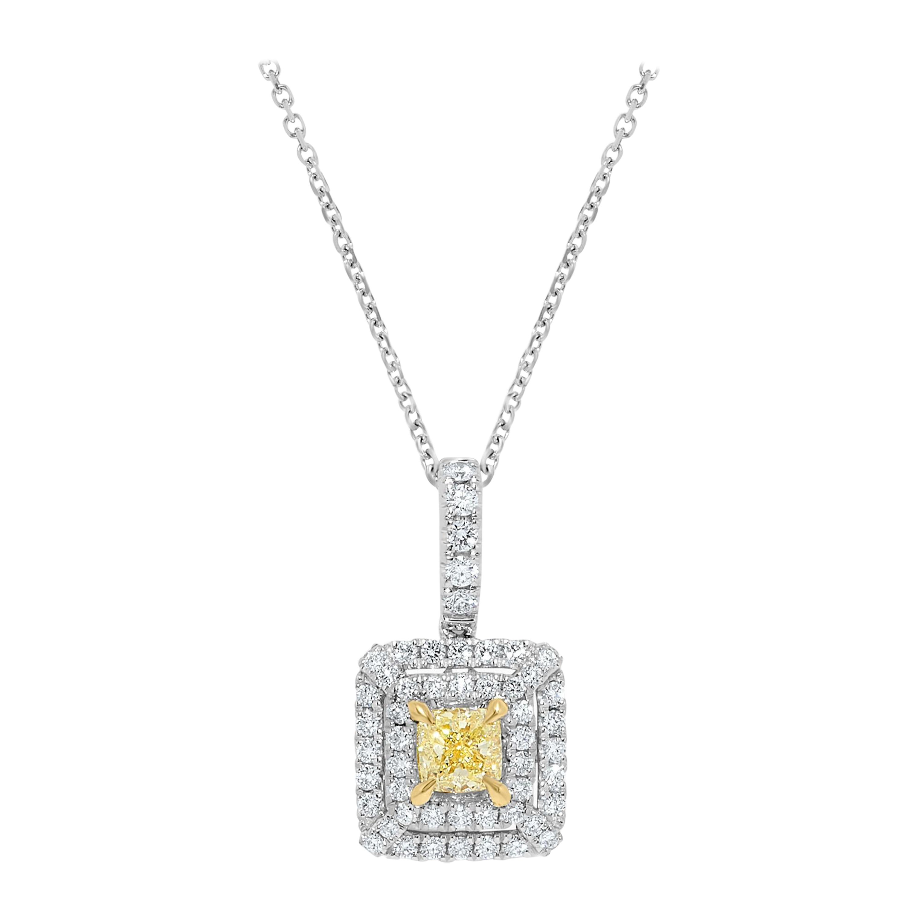 Natural Yellow Cushion and White Diamond .94 Carat TW Gold Drop Pendant