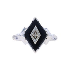 White Gold Diamond & Onyx Vintage Ring - 14k French Cut