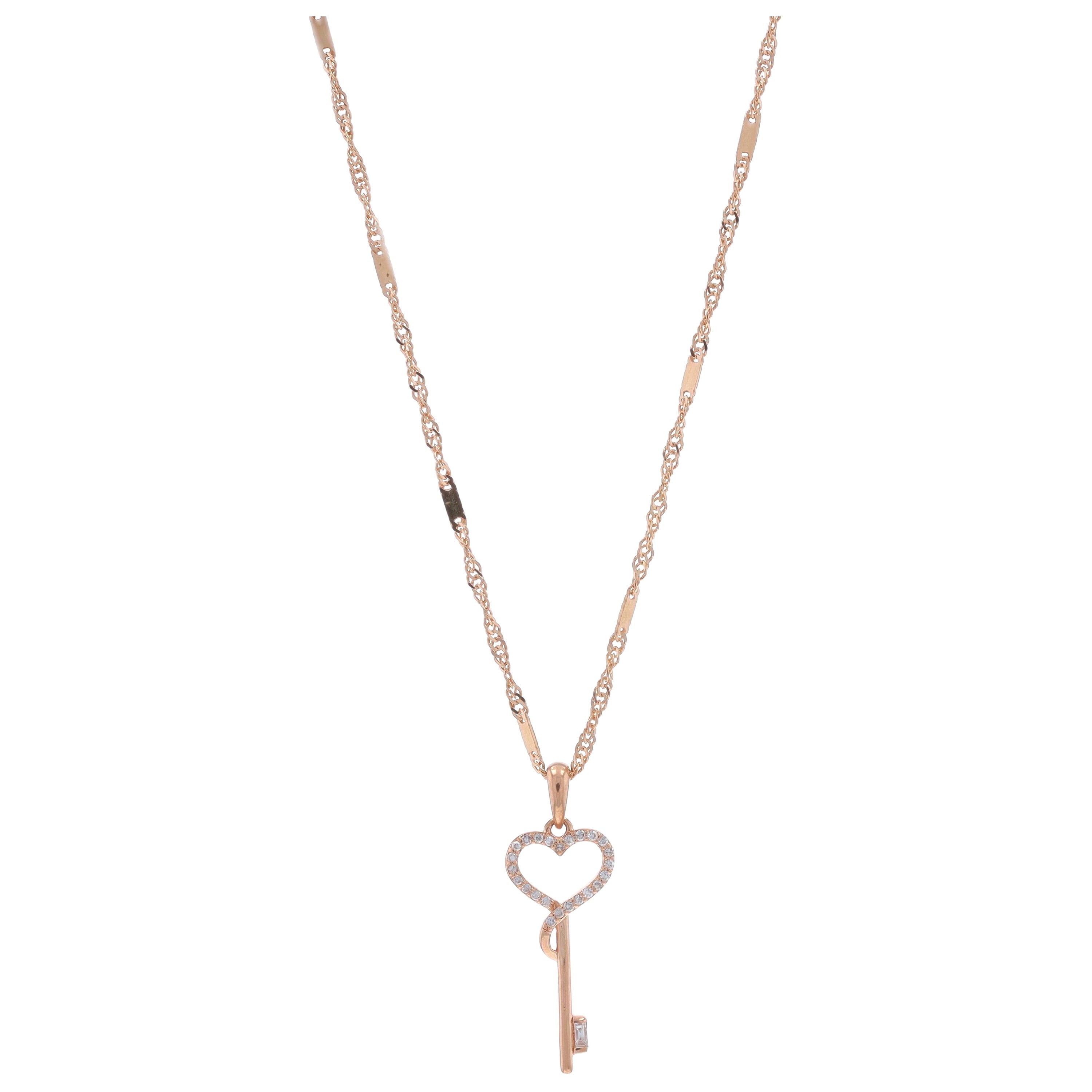 Rose Gold Diamond Heart Skeleton Key Necklace 18" - 10k Single & Baguette Love