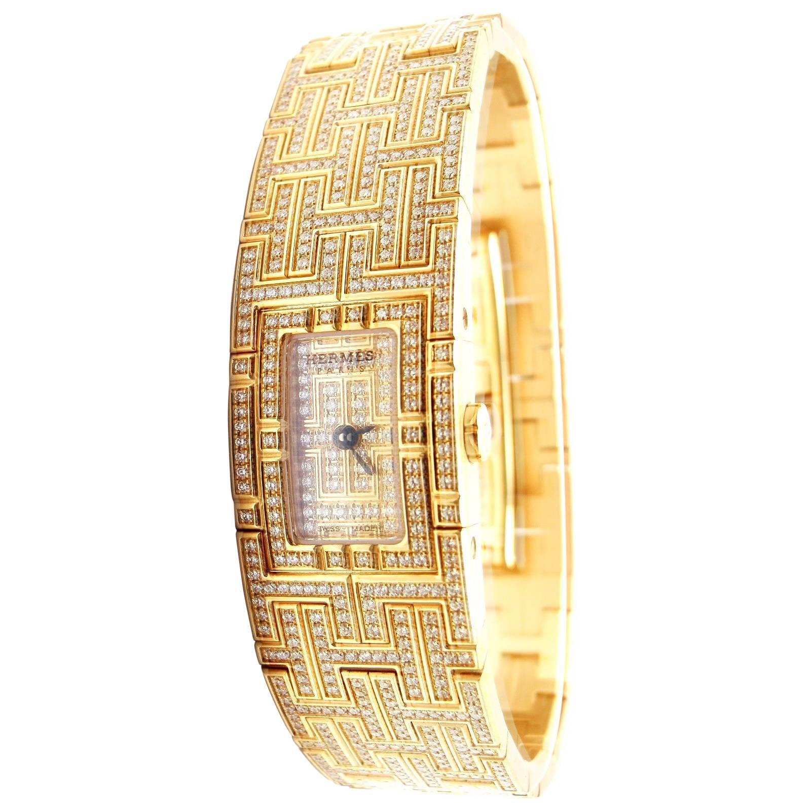 Hermes Ladies Yellow Gold Diamond Kilim H Bracelet Wristwatch