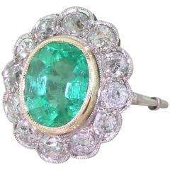 Antique Edwardian 3.26 Carat Colombian Emerald Old Cut Diamond Cluster Ring