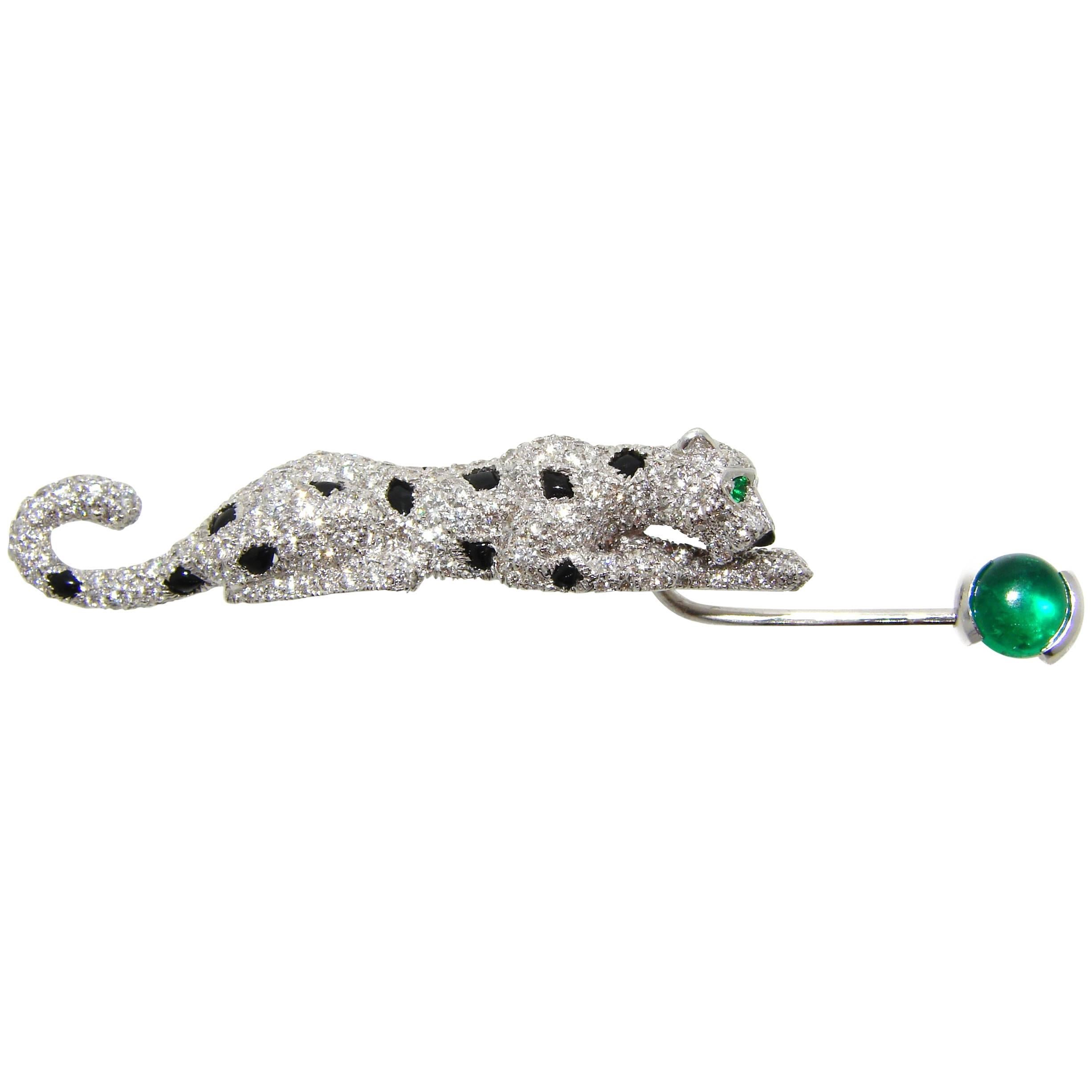 Cartier Panthere Diamond Emerald Black Onyx Jabot Pin Brooch Clip 