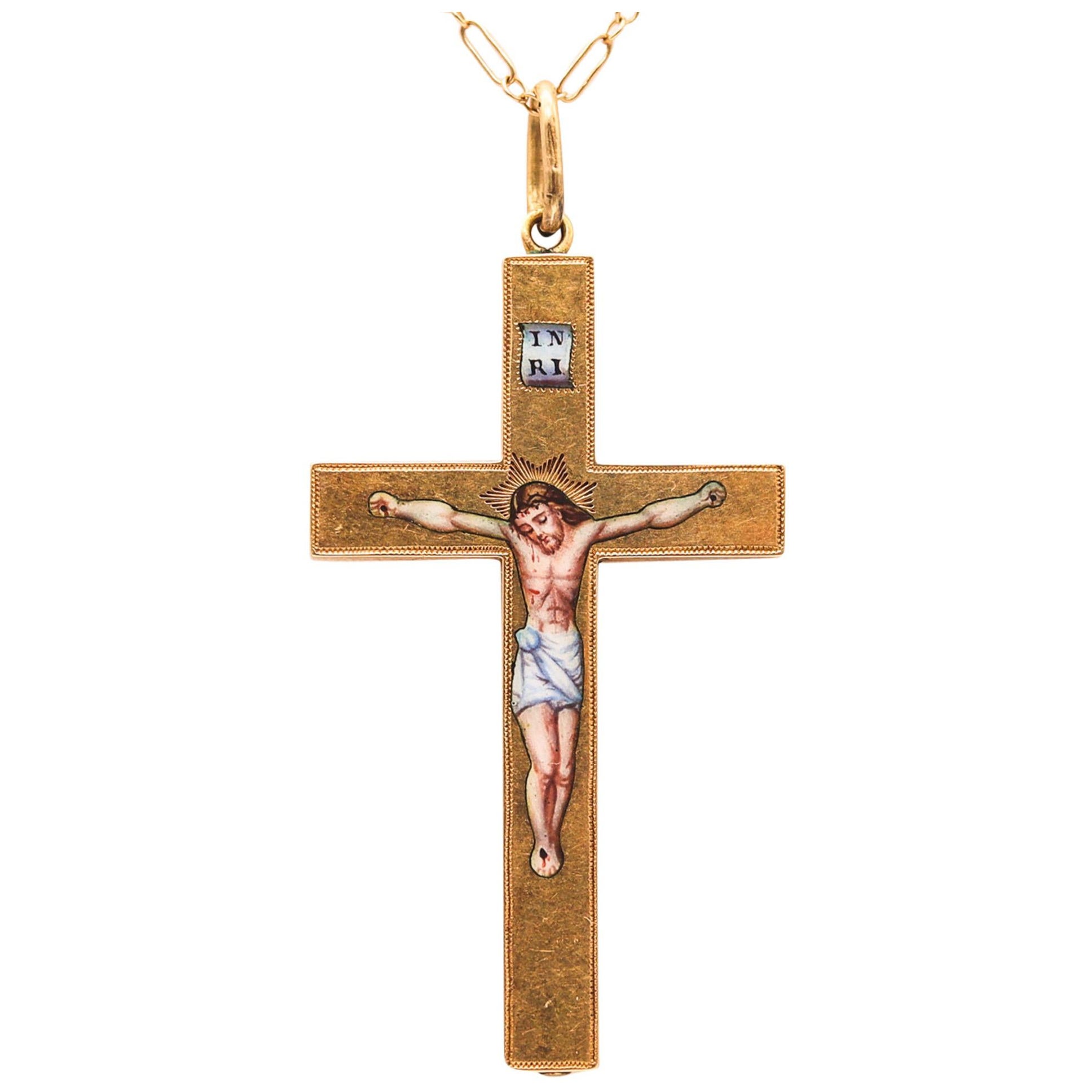 BYZANTINE Revival 1850 Enameled Polychrome Cross In Solid 18Kt Yellow Gold