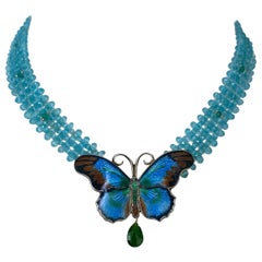 Marina J. Woven Aquamarine Necklace with Vintage Butterfly Centerpiece