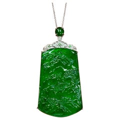 Certified Imperial Green Jade & Diamond Pendant . XXL Size Intricate carving