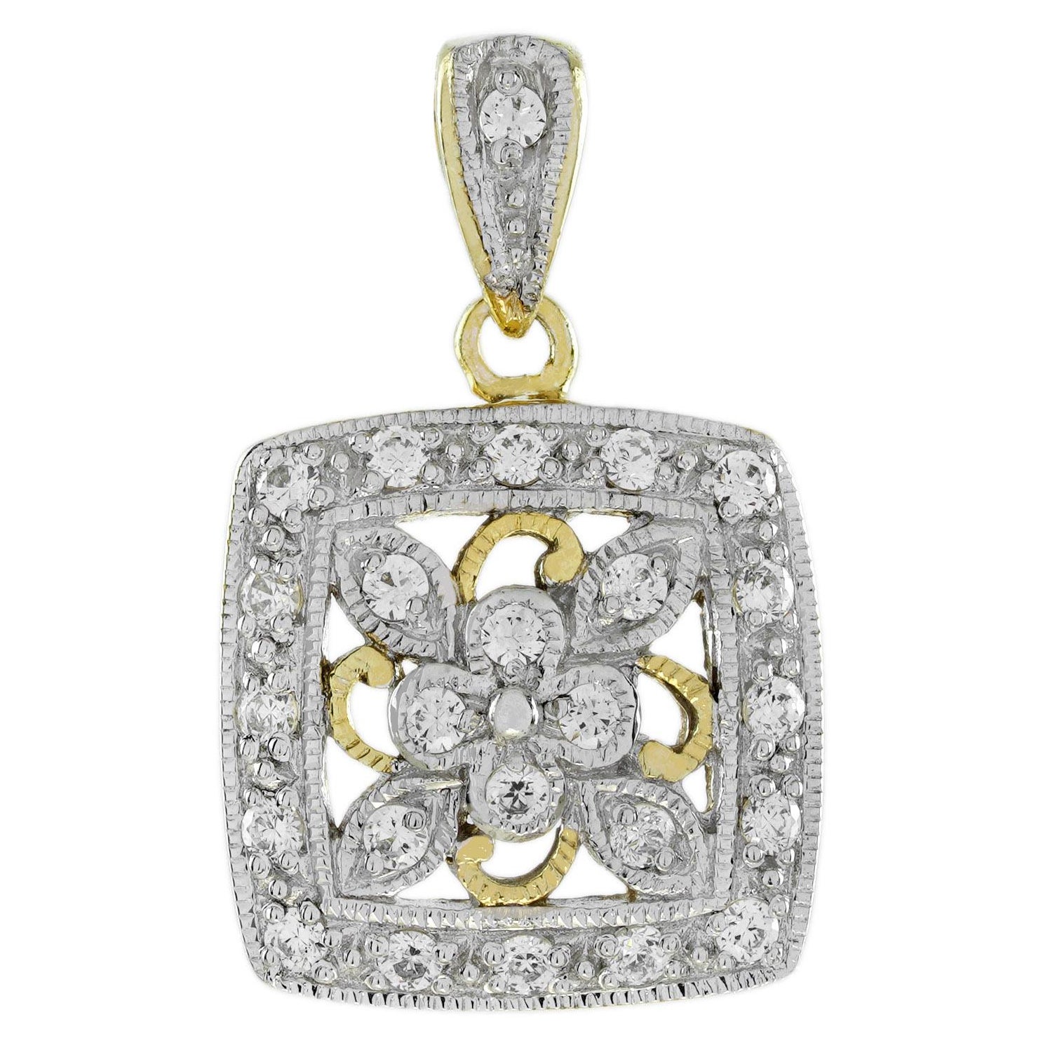 Diamond Vintage Style Floral Cluster Square Pendant in 14K Two Tone Gold