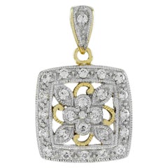 Diamond Vintage Style Floral Cluster Square Pendant in 14K Two Tone Gold