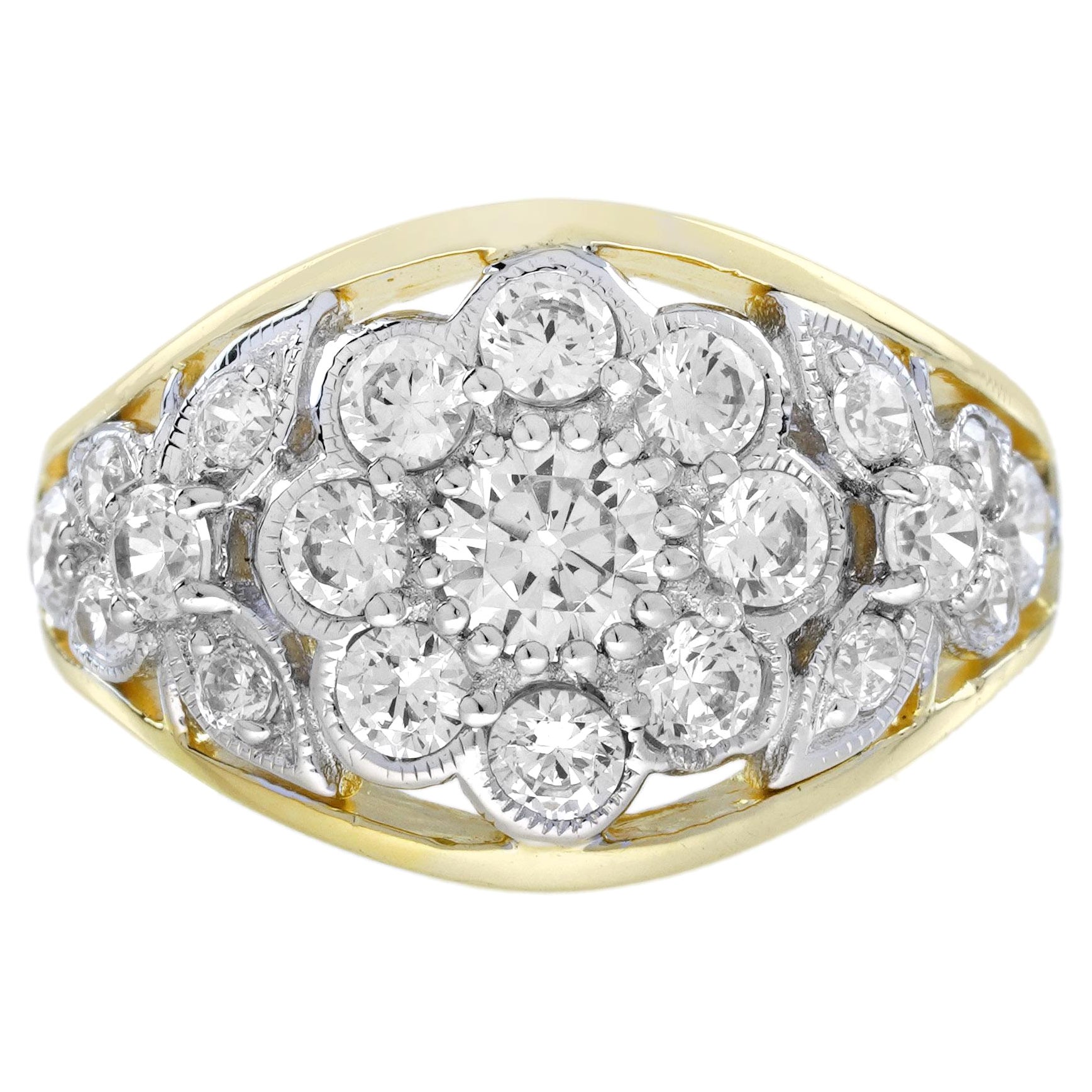 Diamond Cluster Edwardian Floral Style Dome Ring in 18K Two Tone Gold