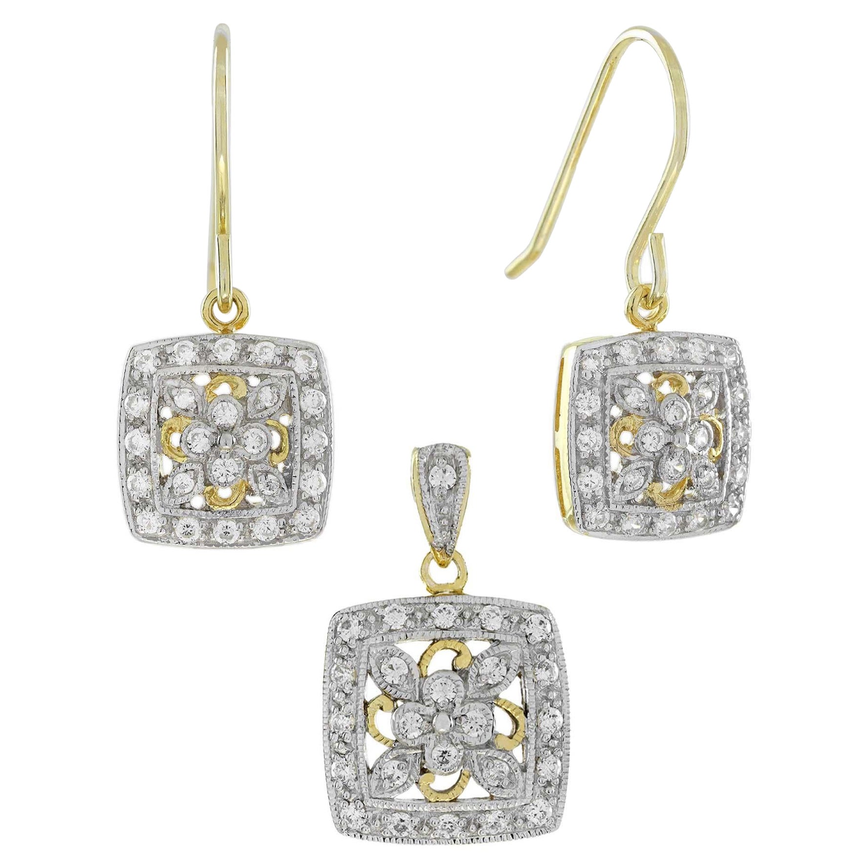 Diamond Vintage Style Floral Cluster Jewelry Set in 14K Two Tone Gold