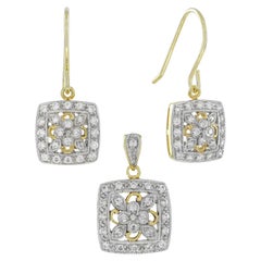 Diamond Vintage Style Floral Cluster Jewelry Set in 14K Two Tone Gold