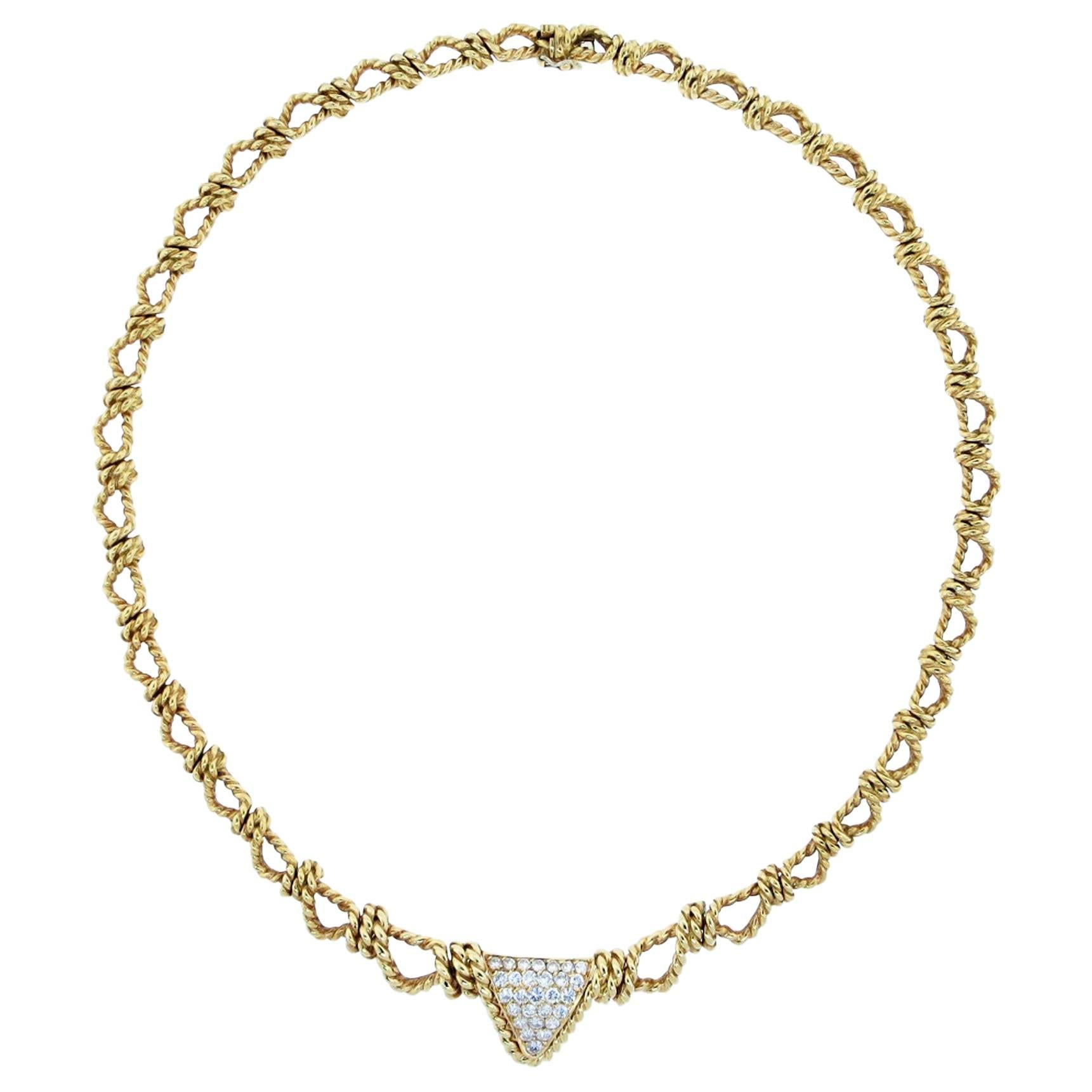 1980 Elegant French Diamond Woven Gold Rope Necklace For Sale