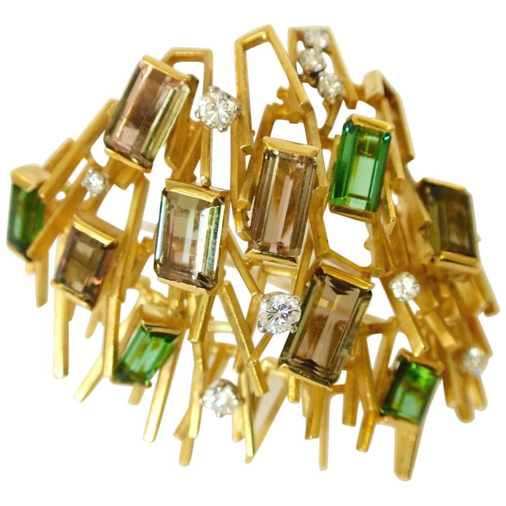 1965 Andrew Grima Modernist Tourmaline Diamond Gold Brooch