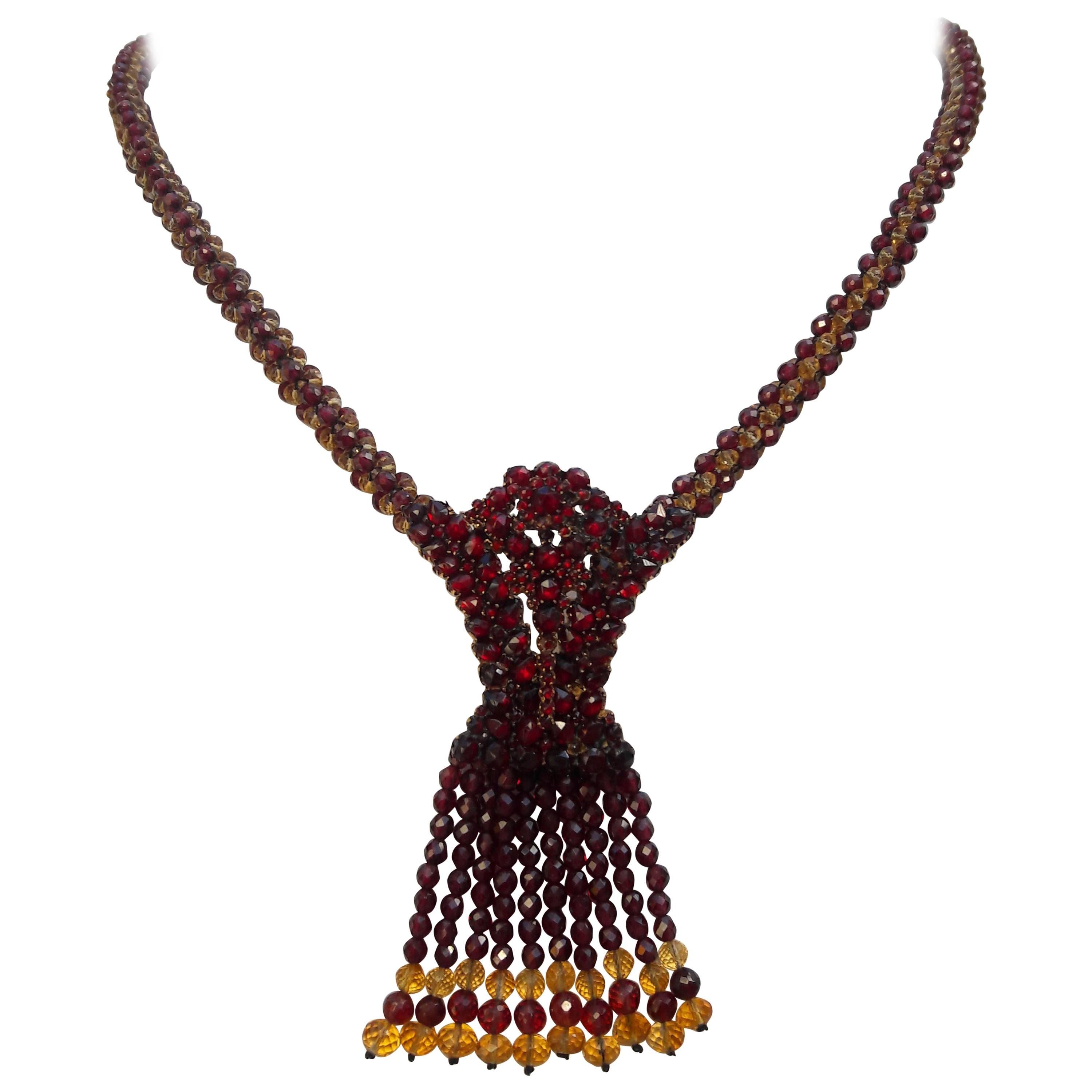 Marina J Garnet / Citrine Faceted Bead Woven Necklace