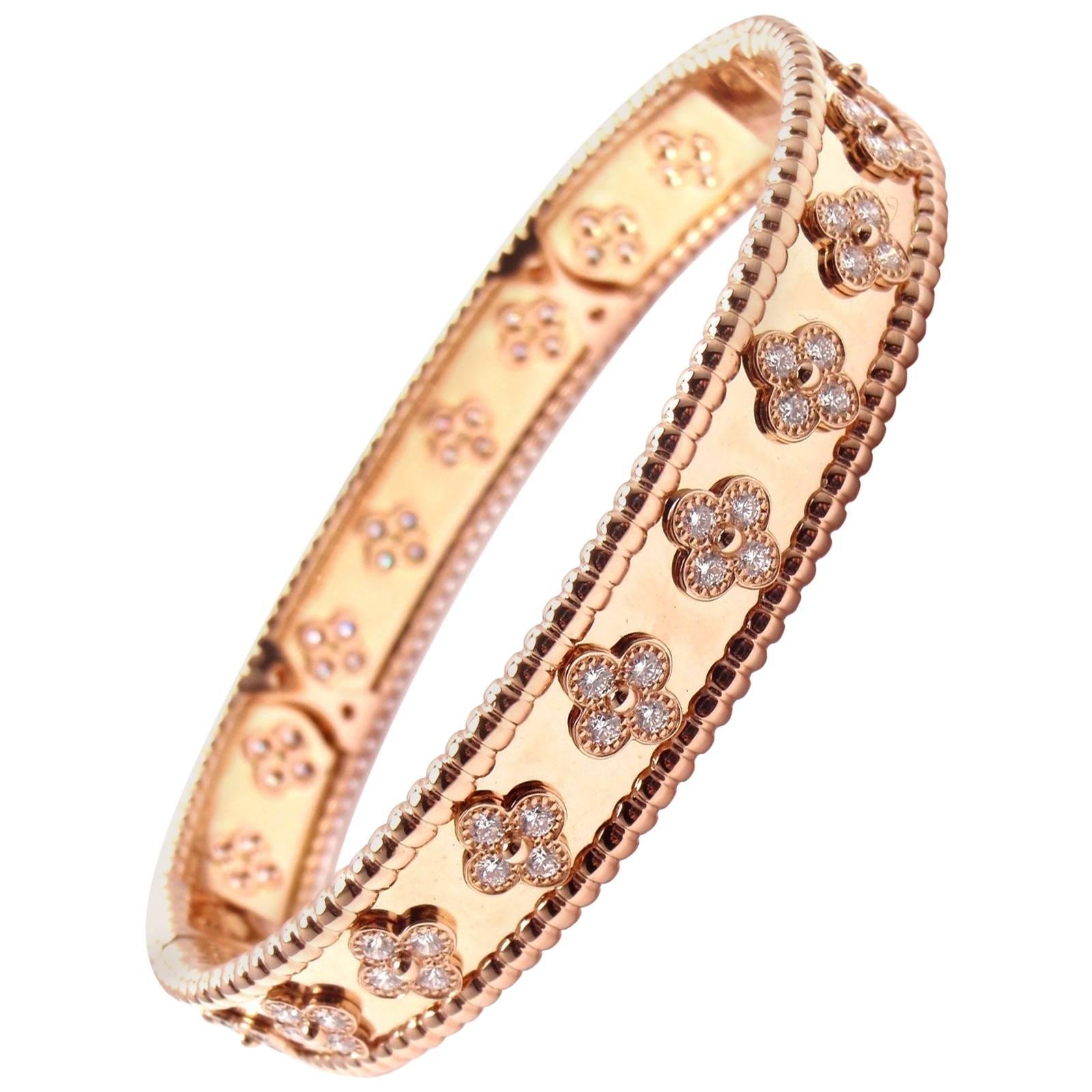 Van Cleef & Arpels Perlee Diamond Clover Rose Gold Bangle Bracelet